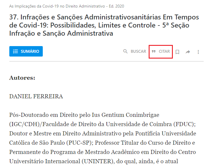 Tela de Doutrina no Jusbrasil com o botão “Citar” aberto e a referência gerada em formato ABNT