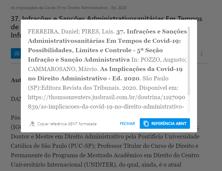 Janela de citação exibindo a referência bibliográfica completa conforme as normas ABNT
