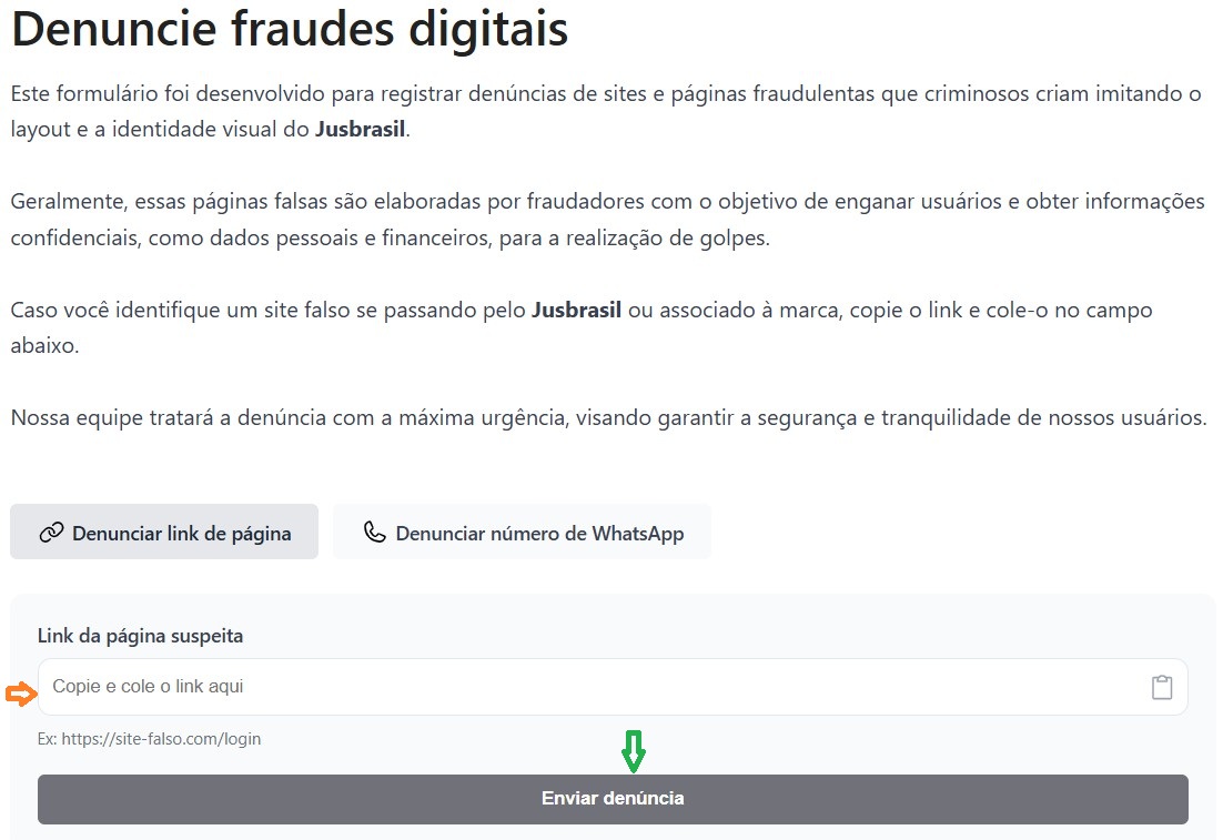 Tela do site “jusbrasil.semfraude.online” com campo para colar a URL da página fraudulenta