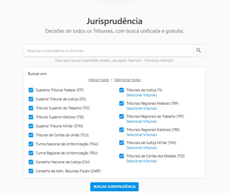 Tela da seção Jurisprudência mostrando o campo “Pesquisar Jurisprudência” e a seleção de Tribunais