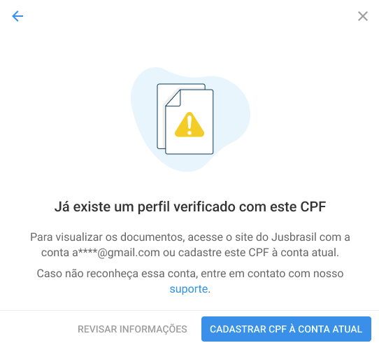 Tela de erro informando que os dados estão vinculados a outro perfil, com aviso de divergência e opções de ação