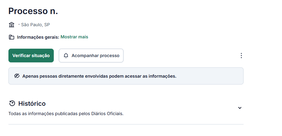Exemplo de página do Jusbrasil indicando segredo de justiça, com aviso: ‘Apenas pessoas diretamente envolvidas podem acessar as informações.’ Mostra somente número do processo, tribunal e vara
