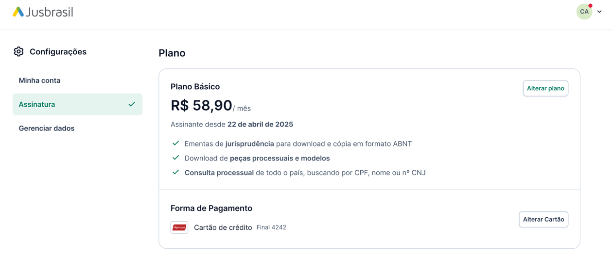 Captura de tela do Jusbrasil com a seção “Assinaturas” aberta nas Configurações do perfi
