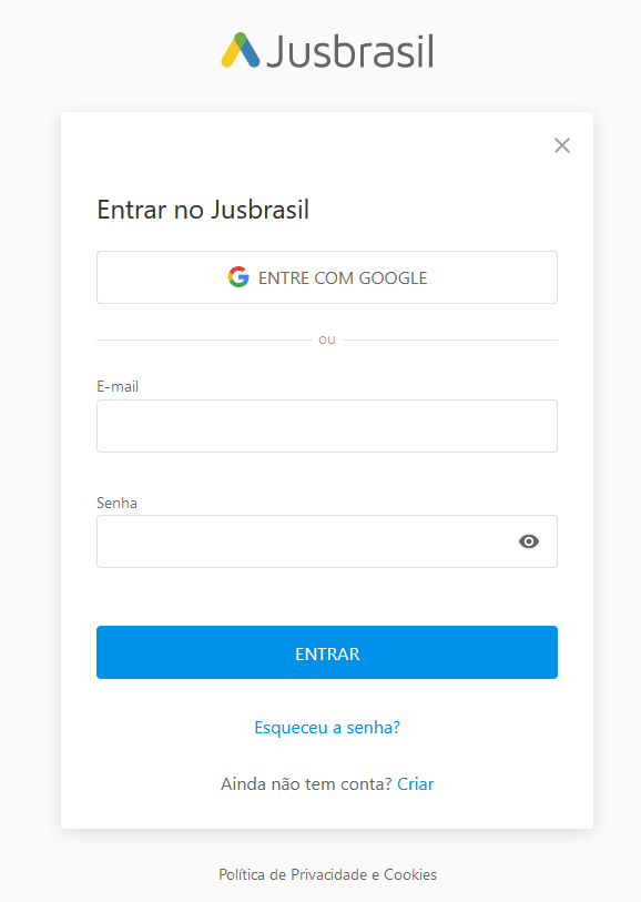 Janela “Entrar no Jusbrasil” com campos de e-mail e senha, botão ENTRAR e link “Esqueceu a senha?”.