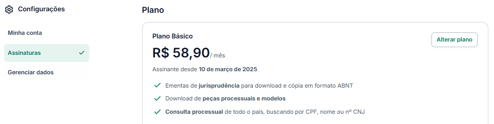 Tela Configurações > Assinaturas exibindo o plano, valor e benefícios.