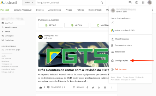 Menu de usuário com destaque para Configurações
