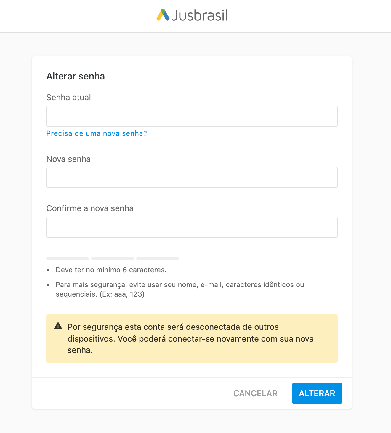 Tela de Configurações > Minha Conta, seção Senha com opção “Alterar” e campos para senha atual e nova senha, além do botão “Salvar”