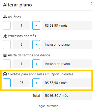 Controle de quantidade de créditos com botão “+” (mais) para adicionar créditos