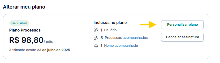 Tela de configurações do plano mostrando o botão “Personalizar Plano”