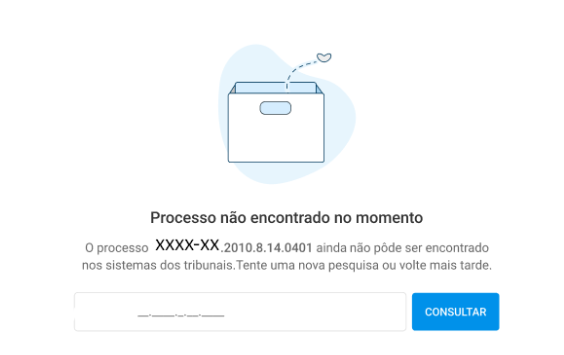 Mensagem do Jusbrasil exibindo “Processo não encontrado no momento” durante a consulta processual.