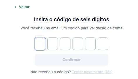 Tela “Insira o código de seis dígitos” com seis campos de entrada e botão “Confirmar”.