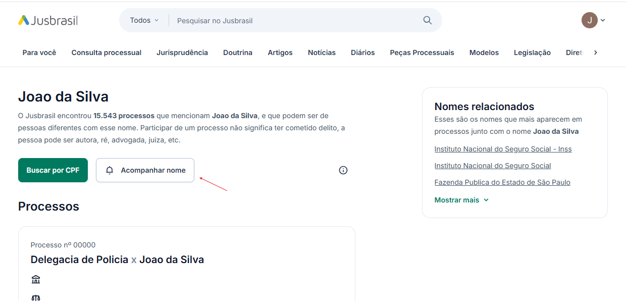 Página do nome/pessoa com o botão “Acompanhar nome” destacado