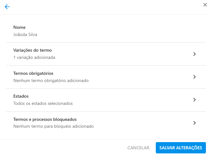 Exemplo de filtros aplicáveis ao acompanhamento de nomes (formulário/caixas para ajuste).
