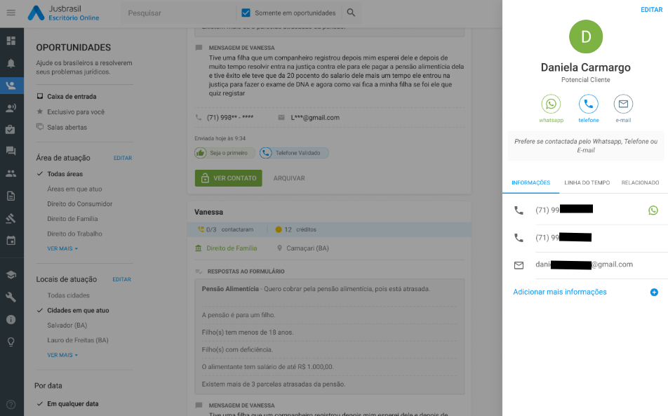 Tela do portal de Oportunidades com uma sala aberta e visualização dos dados de contato.