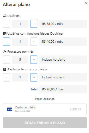 Modal “Alterar plano” mostrando a linha “Usuários” com botões – 1 + e o preço por mês, além de outras opções do plano