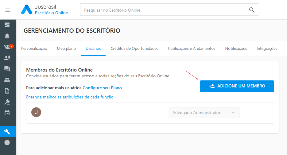 Página Gerenciamento do Escritório > Usuários com botão “ADICIONE UM MEMBRO” visível.