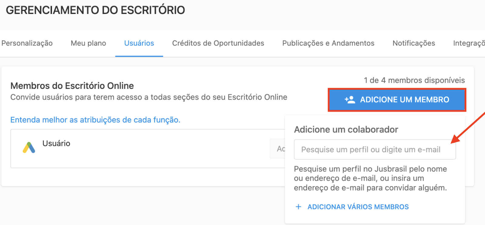 Botão “ADICIONE UM MEMBRO” e popup “Adicione um colaborador” com campo “Pesquise um perfil ou digite um e-mail”