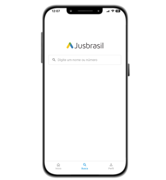 Tela inicial do app Consultar Processos com campo de busca para nome, CPF ou número do processo.