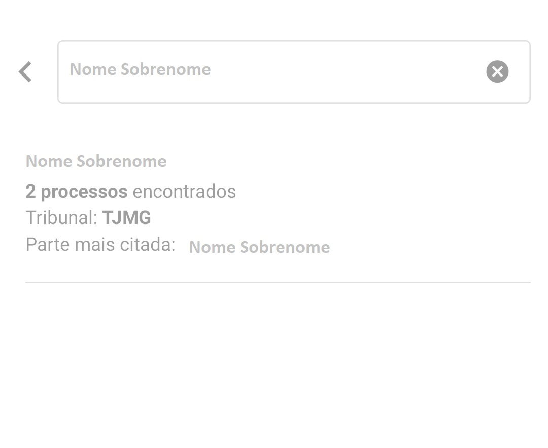 Lista de resultados por nome com opções e contagem de processos associados a cada nome.