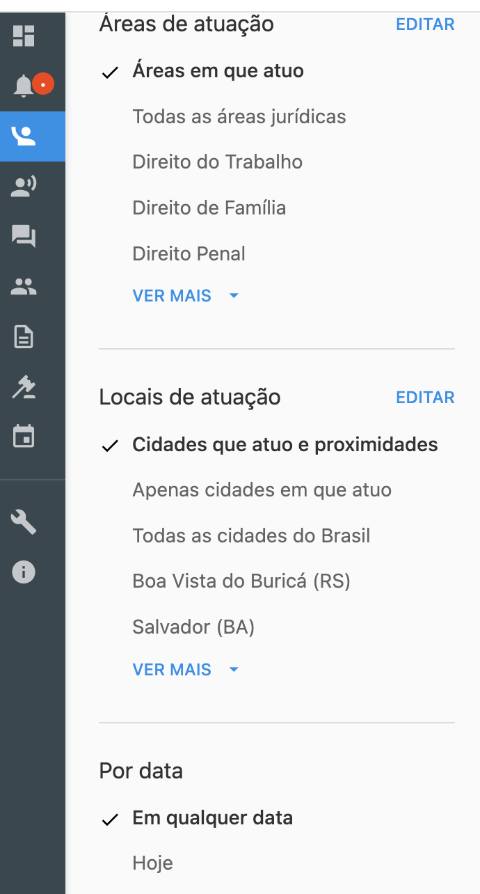 Tela de filtros com seleção de área e cidade para refinar Oportunidades.