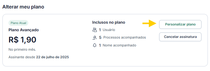 Seção “Alterar meu plano” exibindo o botão “Personalizar plano”