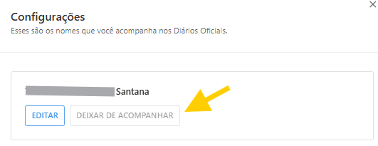 Modal Configurações listando nomes acompanhados e botão “DEIXAR DE ACOMPANHAR”. 