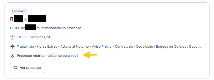 Página de CPF no Jusbrasil exibindo o rótulo “Processo restrito — visível só para você” ao lado do processo. 