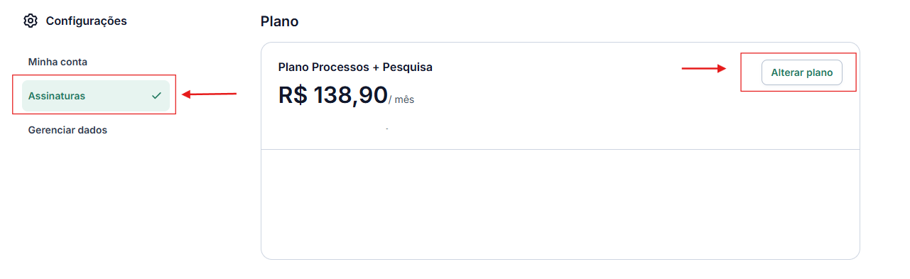 Tela Configurações > Assinaturas mostrando o plano e o botão “Alterar plano”