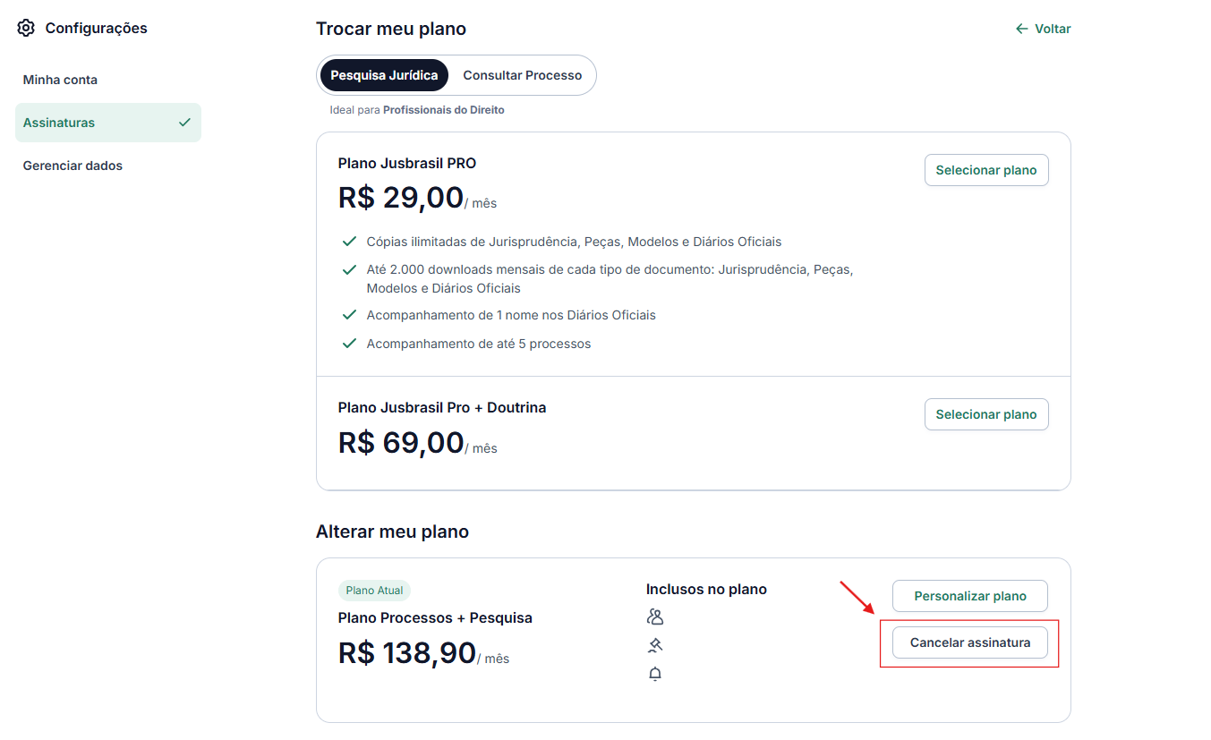 ágina Trocar meu plano com o botão “Cancelar assinatura” em destaque