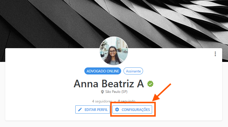 Página do perfil com o botão “CONFIGURAÇÕES” destacado. 