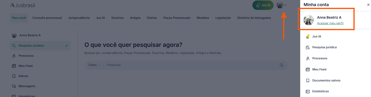 Minha conta aberta ao clicar no avatar; destaque para “Acessar meu perfil”