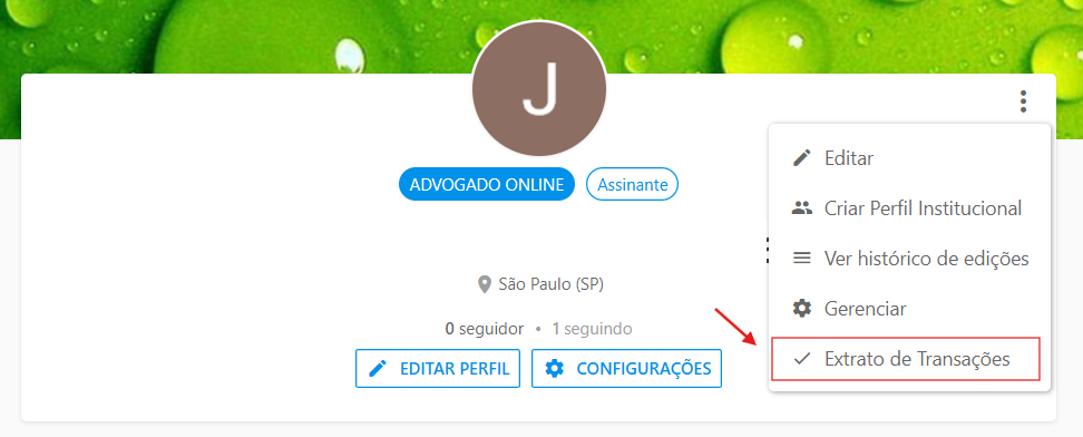 Página de perfil com botão CONFIGURAÇÕES e menu de 3 pontos mostrando “Extrato de Transações”