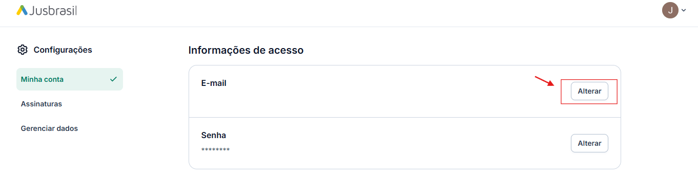 Tela Configurações > Minha conta, seção E-mail com o botão Alterar destacado.
