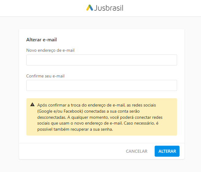 Formulário Alterar e-mail com campos Novo e-mail e Confirmar e-mail, e botão Alterar.