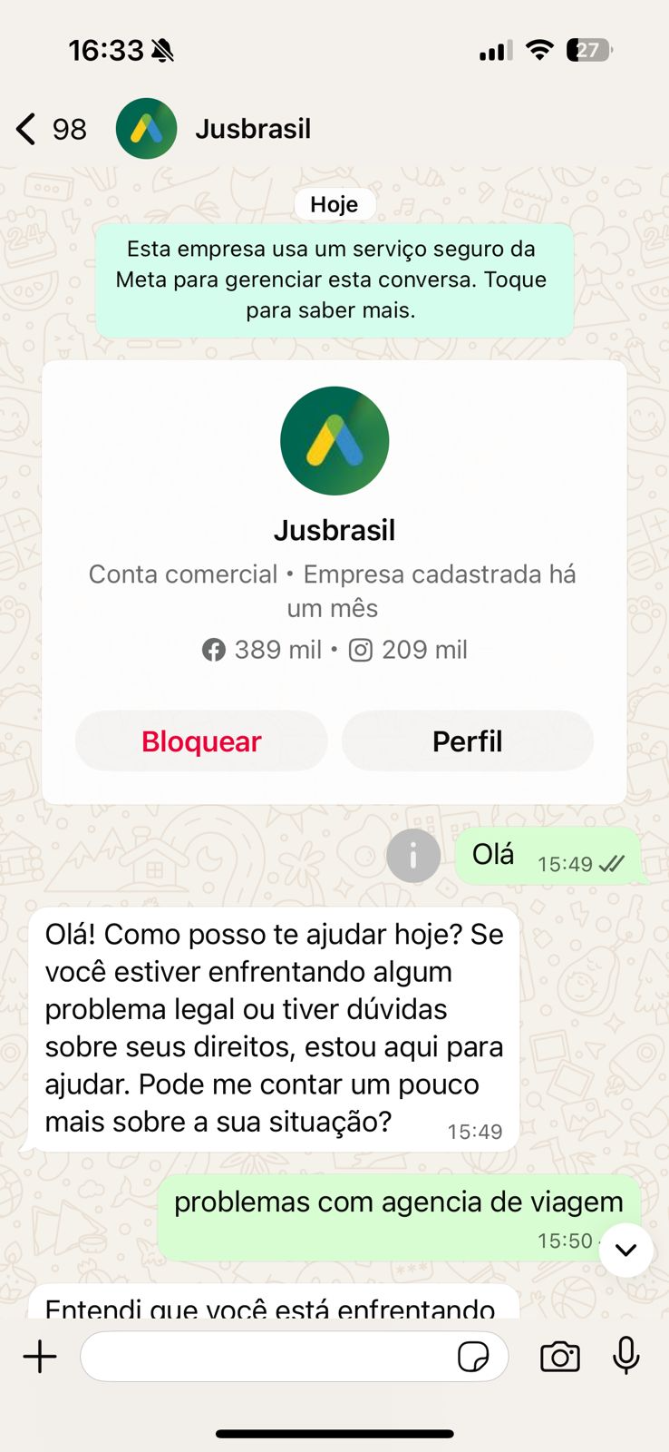 Tela do WhatsApp iniciando a conversa para orientação jurídica via Jusbrasil. 