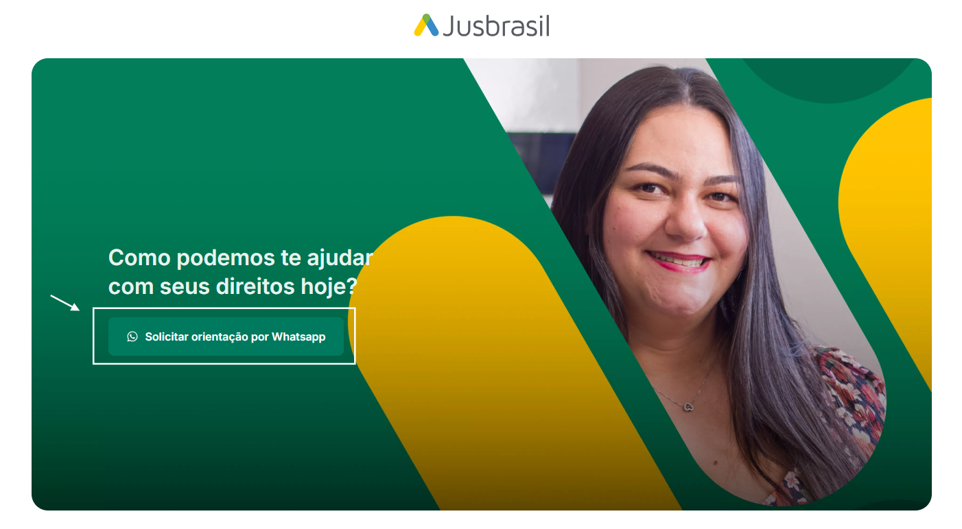 Página Seus Direitos do Jusbrasil com o botão “Solicitar orientação por WhatsApp” em destaque. 