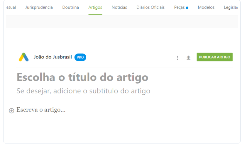 Captura de tela do editor de texto de artigos no Jusbrasil.