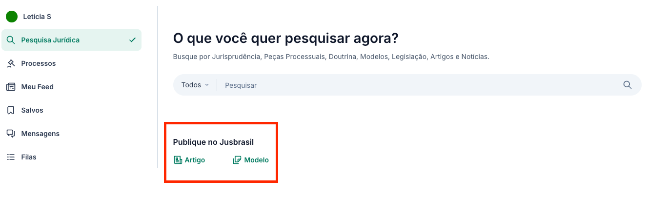 Captura de tela da página inicial mostrando botões de publicação para artigo e modelo