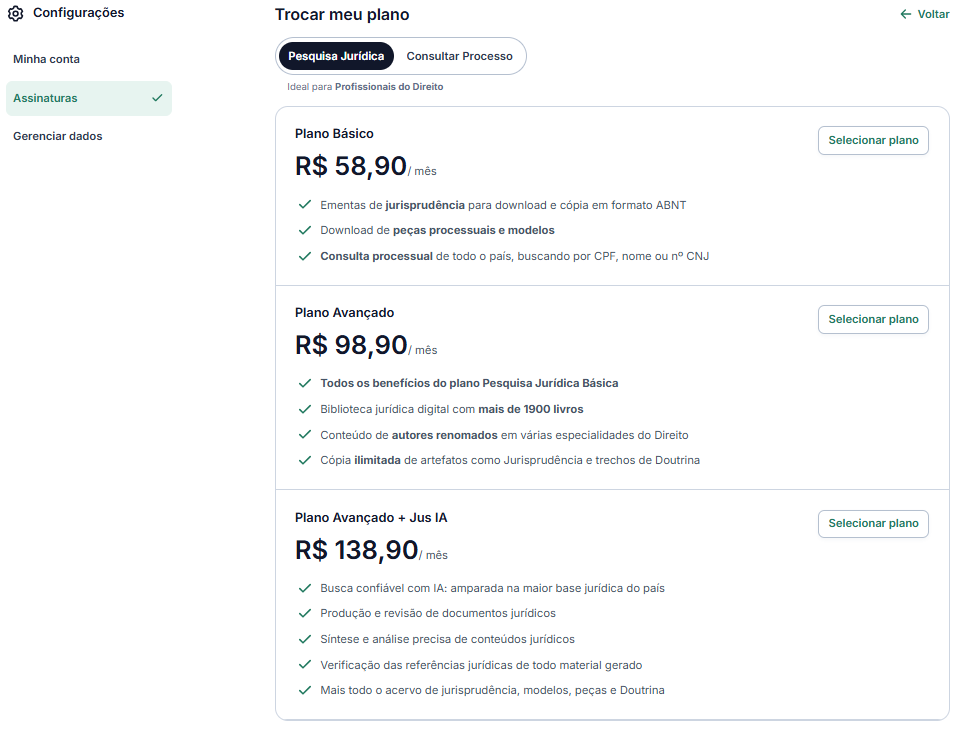 Lista de planos disponíveis com botão “Selecionar” e destaque do novo plano escolhido.