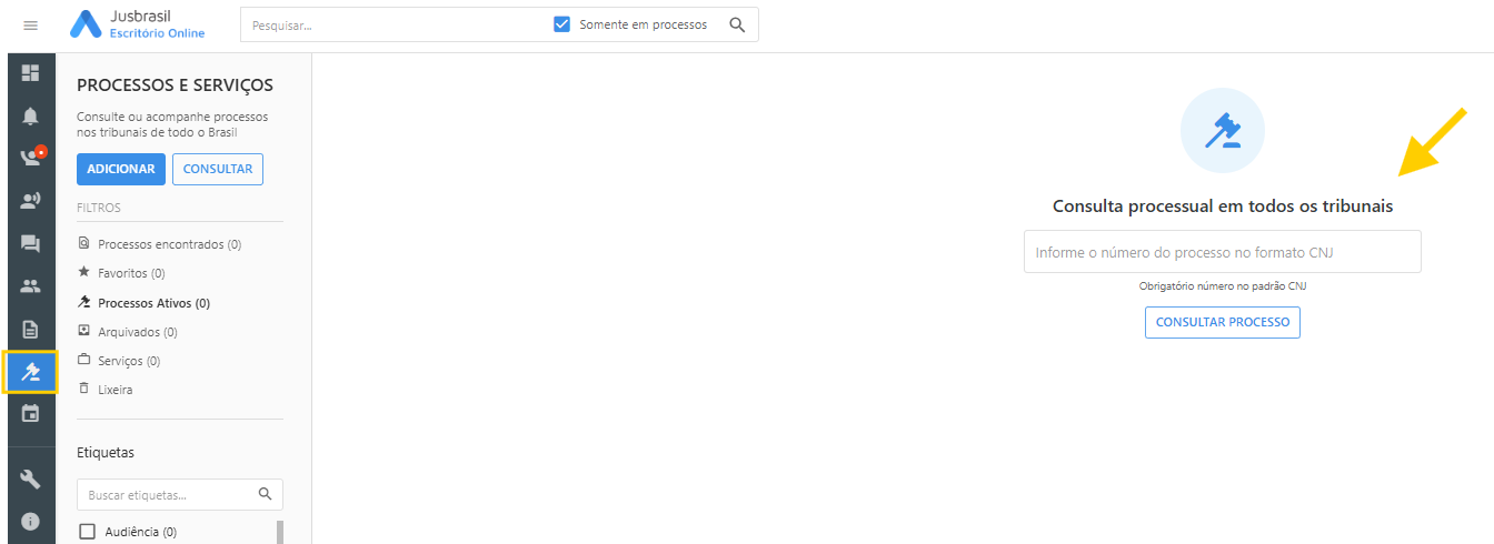 Página Processos do Escritório Online com o campo Consulta Processual, número CNJ preenchido e o botão Consultar processo destacado.