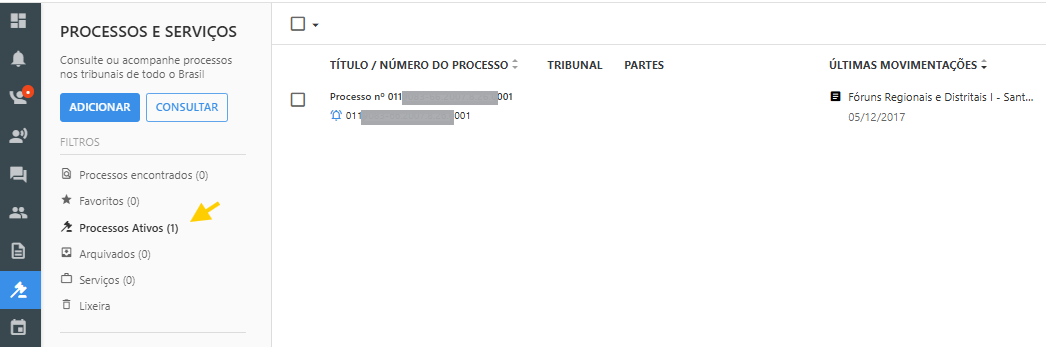 Tela confirmando o processo como acompanhado, com indicação de que notificações de andamentos serão enviadas e o item aparece na lista de acompanhamentos. 