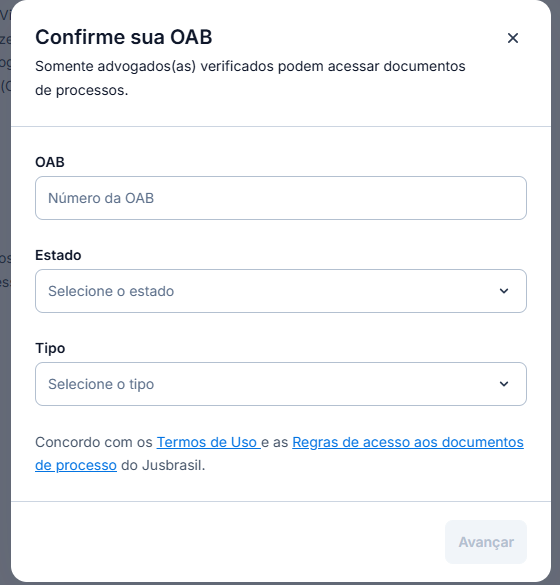 Solicitação de validação da OAB para liberar o acesso aos autos de um processo.