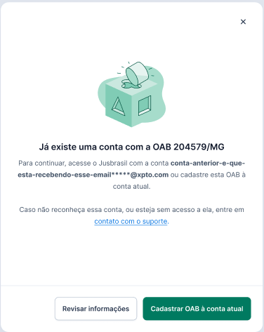 Aviso de que a OAB/CPF já está vinculada(o) a outro perfil, com a conta associada indicada.