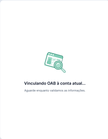Opção “Cadastrar OAB à conta atual” visível, com campos para concluir a transferência.