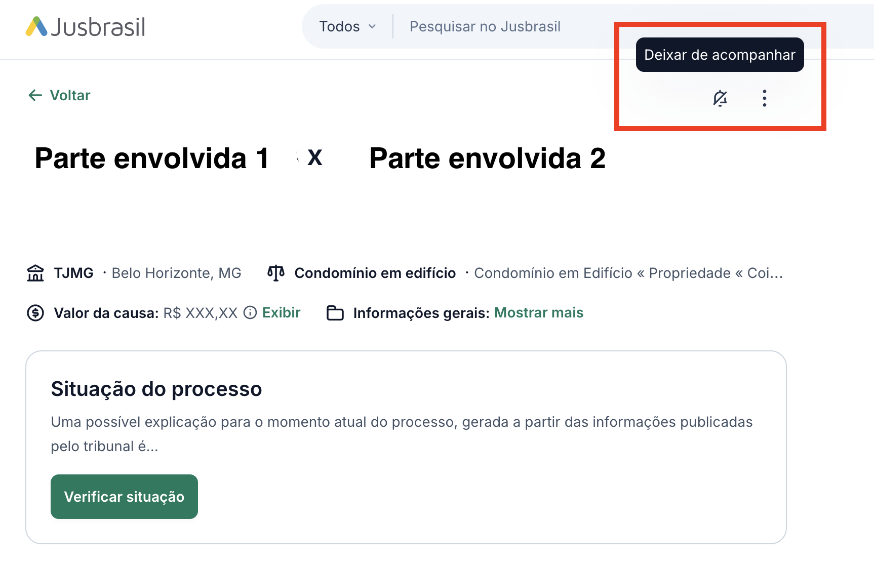 Barra superior da página do processo no Jusbrasil, com seta amarela indicando os controles no canto superior direito. 