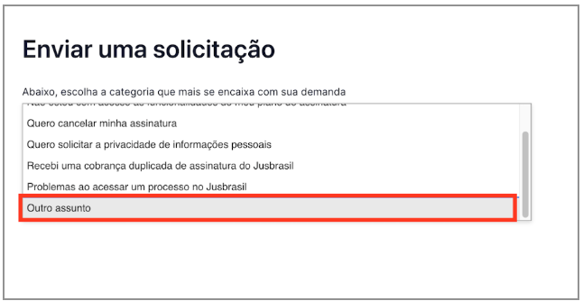 Tela do formulário de contato do Jusbrasil com a opção “Outro assunto” selecionada
