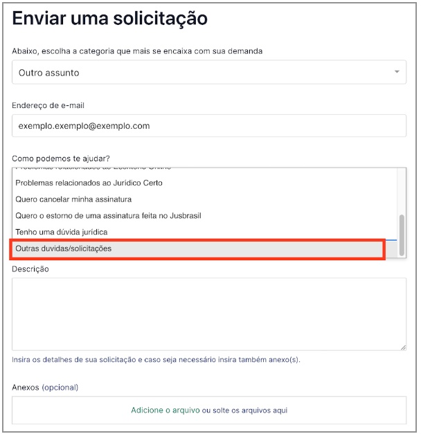 Seção “Como podemos te ajudar?” do formulário com a opção “Outras dúvidas/solicitações”
