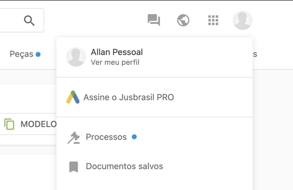 “Tela mostrando o menu de troca de perfil no Jusbrasil, com opção ‘Usar o Jusbrasil como:’ e lista de perfis disponíveis.